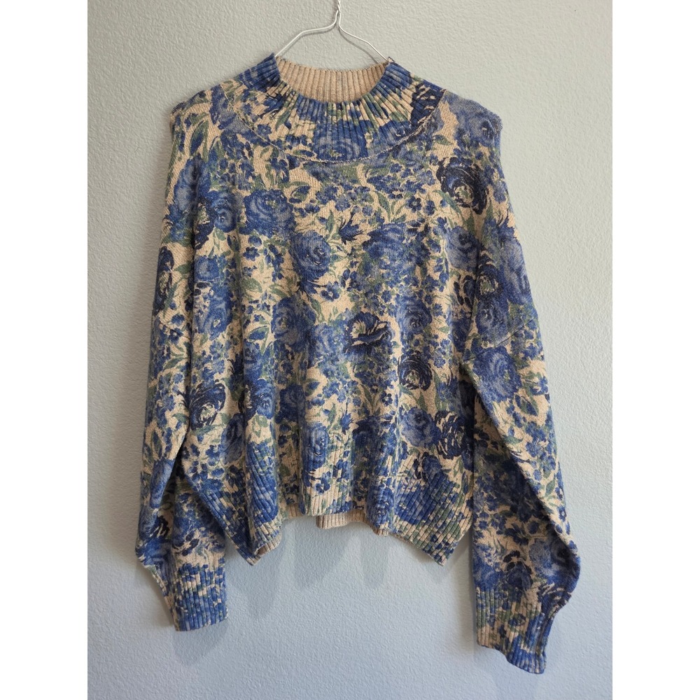 LC Lauren Conrad Sweater Women XXL Blue Tan Floral Mock Neck Ribbed Excellent